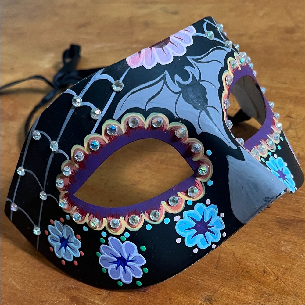 Hand-Painted Black Floral Masquerade Mask with Rhinestones